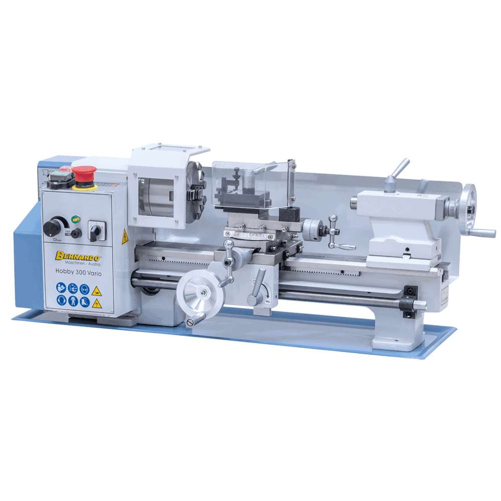 Tornio Bernardo Hobby 300 Vario con regolazione elettronica della velocità, struttura compatta e mandrino a 3 griffe, perfetto per modellisti e hobbisti evoluti.