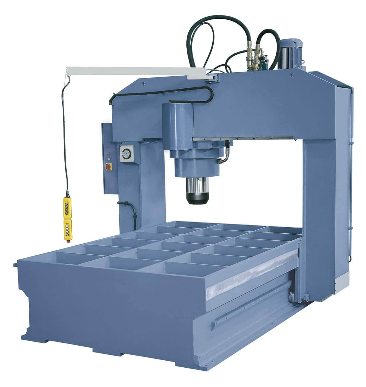 Pressa idraulica Bernardo DKS 200 da 200 tonnellate con corsa longitudinale di 2000 mm e struttura a portale per uso industriale.