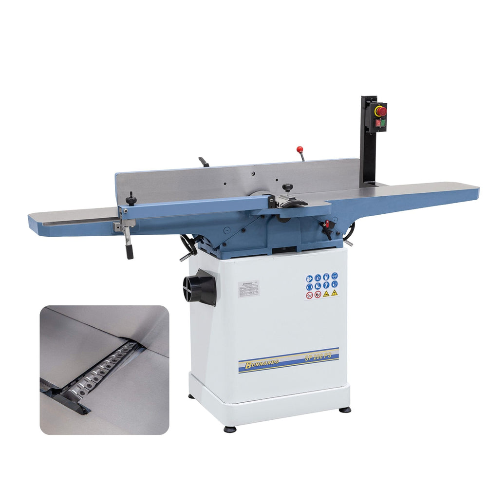 Pialla a filo Bernardo SP 200 PS con albero a spirale a 36 inserti TCT, tavole in ghisa lunghe e guida inclinabile per lavorazioni precise.