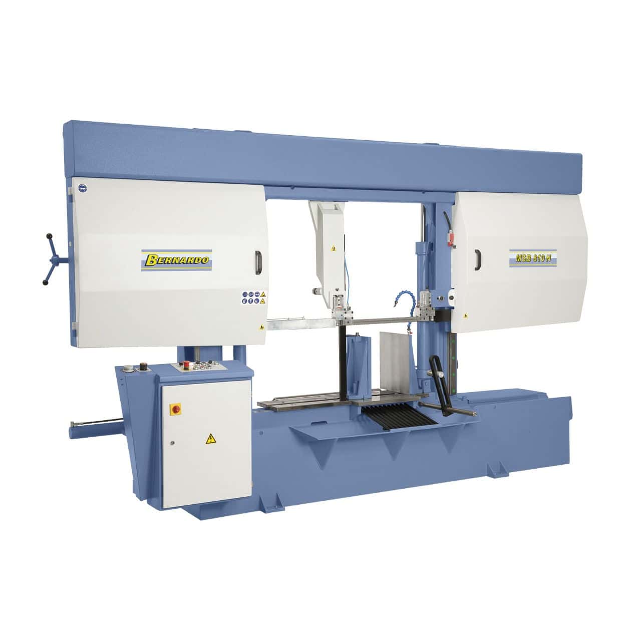 Sega a nastro semiautomatica Bernardo MSB 1110 H con capacità di taglio fino a 1110 x 1310 mm, tensionamento idraulico lama ed evacuazione trucioli.