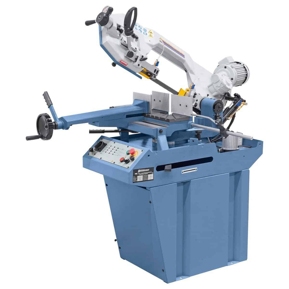 Segatrice a nastro orizzontale Bernardo MBS 280 DG PRO con braccio inclinabile -45°/+60°, guida lama con inserti in metallo duro e refrigerante.