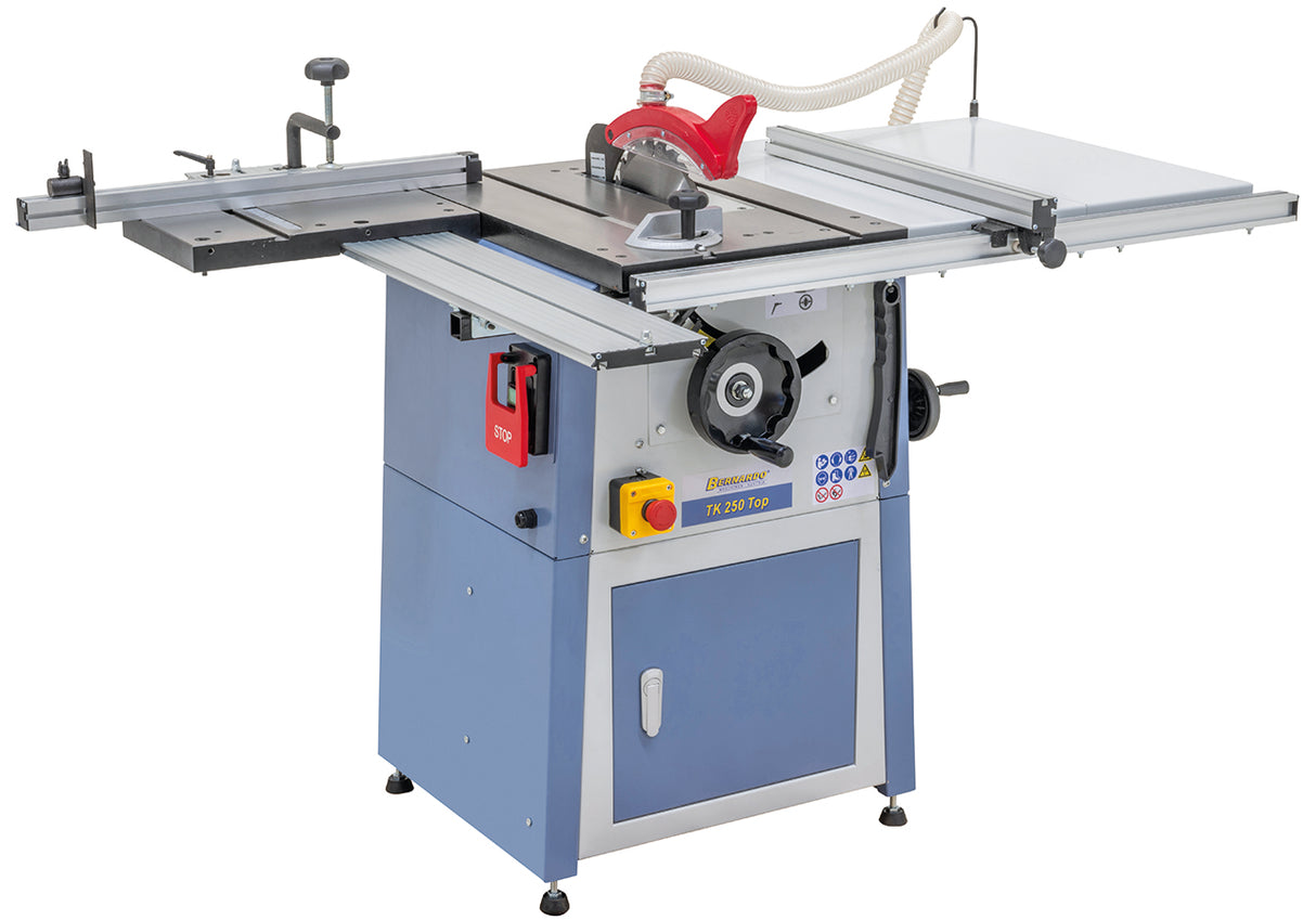 Sega circolare da banco Bernardo TK 250 Top, con piano in ghisa, carrello scorrevole e lama da 254 mm, disponibile in versione 230 V e 400 V.