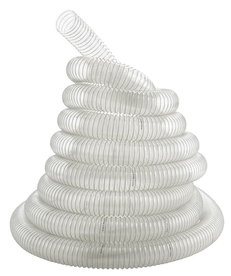 Tubo di aspirazione a spirale Bernardo Ø180 mm, lunghezza 6 m, trasparente con spirale in acciaio zincato, flessibile e resistente per sistemi di aspirazione industriale.