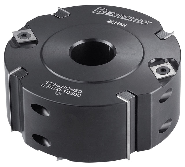 Testa per battuta Bernardo Ø150 mm con altezza 50 mm e foro 30 mm, dotata di 4 taglienti e 4 controtaglienti in metallo duro, ideale per battute e profili su legno massello.