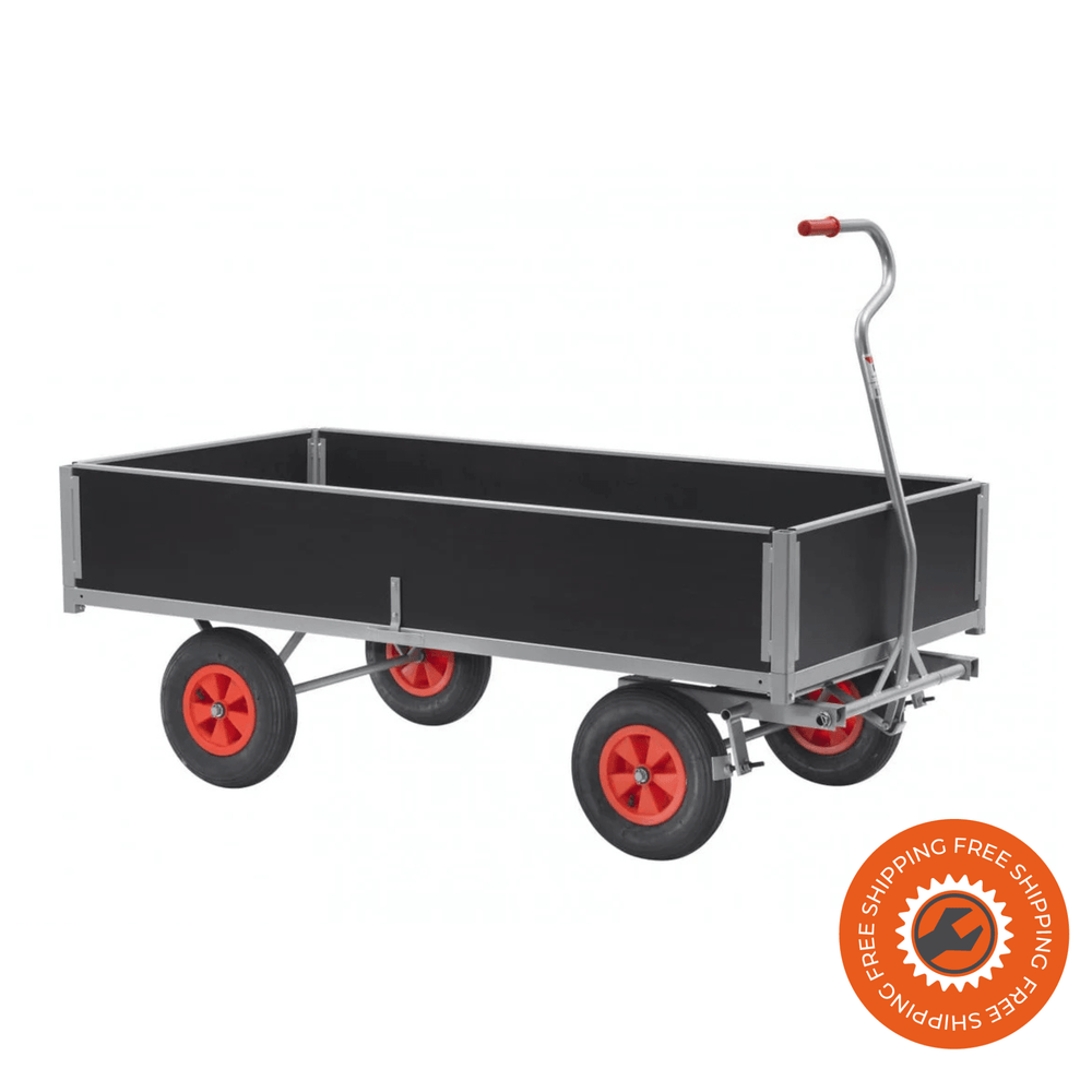 Carrello Ravendo TWSE-MINI in acciaio argentato con 4 sponde da 300 mm, ideale per contenere carichi sfusi e materiali industriali in sicurezza.