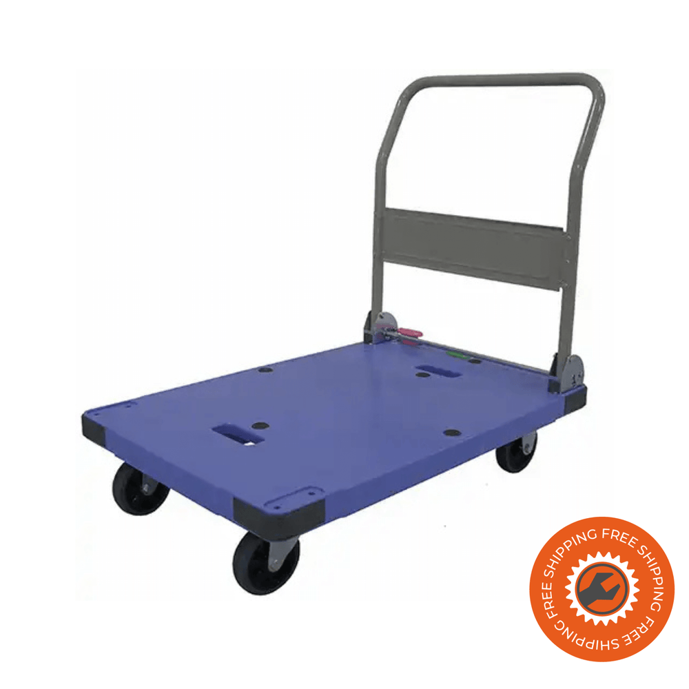 Carrello Ravendo Heavy WHTP 300 WB con struttura in acciaio e plastica blu, ruote solide Ø125 mm e freni integrati, ideale per carichi fino a 300 kg.
