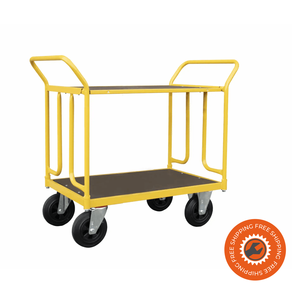 Carrello Ravendo TW 750 MEPS in acciaio giallo con sponde laterali e ruote solide Ø200 mm, ideale per trasporto di materiali fino a 400 kg in magazzini o officine.
