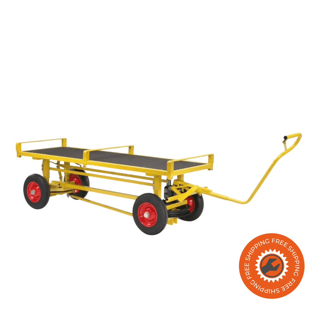 Carrello Ravendo PBT 2200 in acciaio giallo con piano in legno e ruote solide, ideale per il trasporto di bancali e carichi fino a 1200 kg in ambienti industriali.
