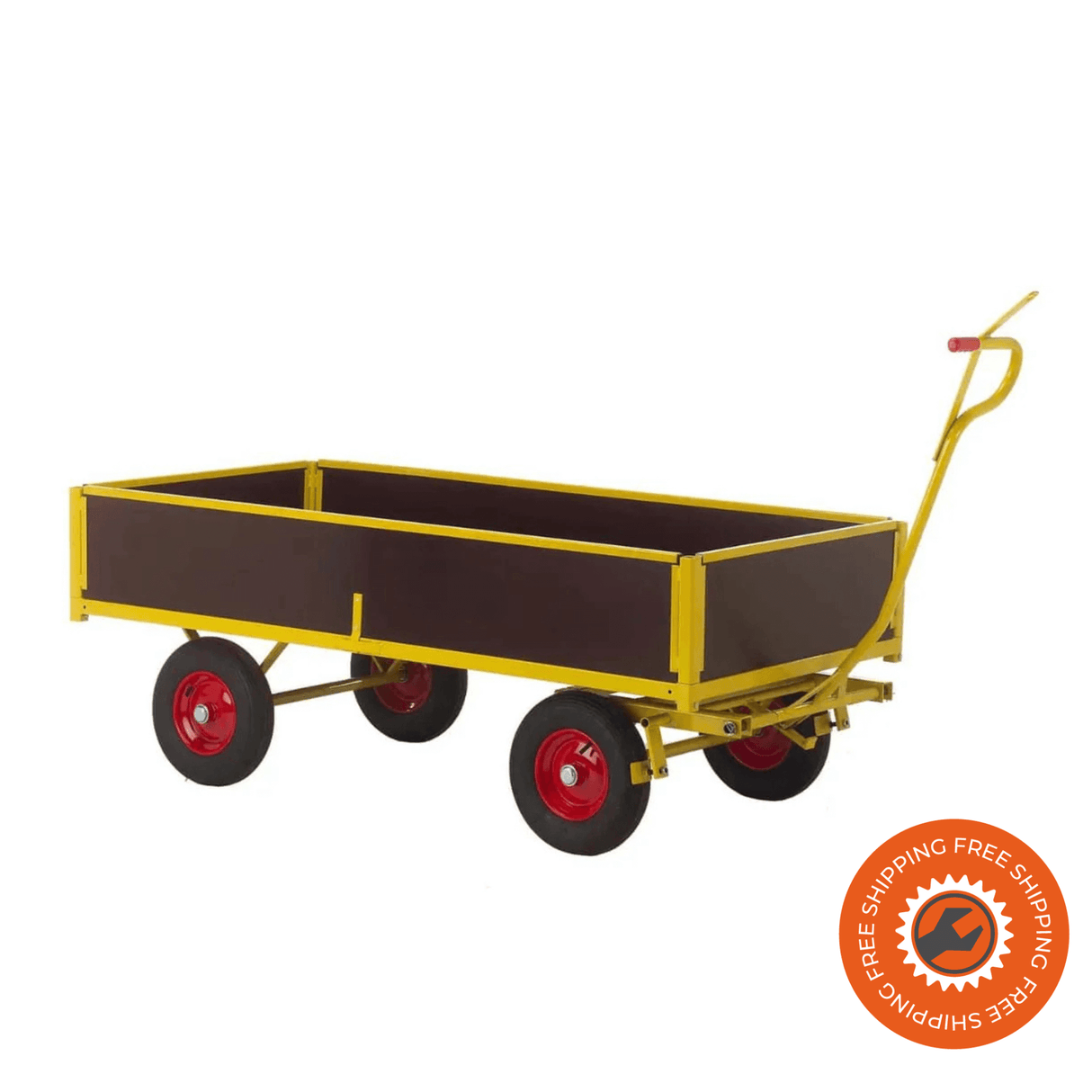 Carrello Ravendo TWSE 1500 in acciaio giallo con 4 sponde laterali da 300 mm in legno, progettato per aumentare sicurezza e capacità di carico.