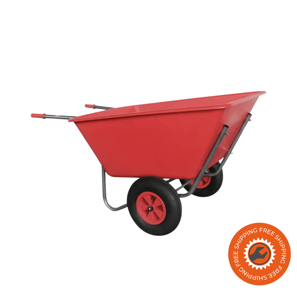 Carriola Ravendo BU 2700 PP in acciaio zincato e vasca in PP rosso da 270 litri, con ruota pneumatica Ø4.00 x 8, ideale per trasportare materiali agricoli fino a 250 kg.