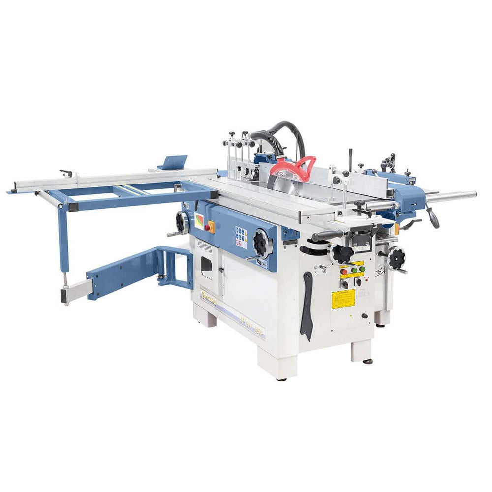 Vista completa della CF 310 F, macchina professionale con fresatrice inclinabile, cavatrice, tavolo scorrevole da 2600 mm e componenti in ghisa di alta qualità.