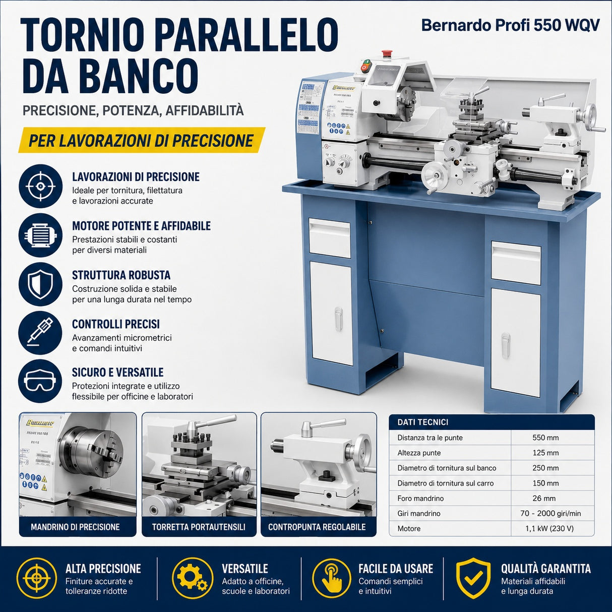 Torno metal Bernardo Profi 550 WQ – distancia brocas 550 mm, Ø 250 mm sobre el banco, orificio mandril Ø 26 mm cono MT 4, motor 0.75 kW 230V monofásico, peso 120 kg