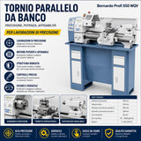 Torno metal Bernardo Profi 550 WQ – distancia brocas 550 mm, Ø 250 mm sobre el banco, orificio mandril Ø 26 mm cono MT 4, motor 0.75 kW 230V monofásico, peso 120 kg