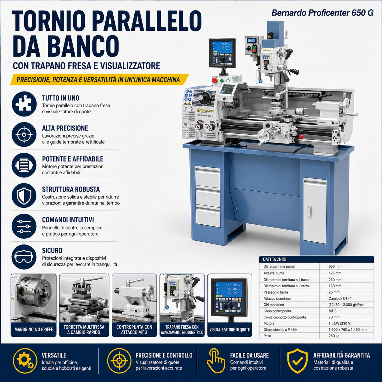 Torno para metal Bernardo fresadora Proficenter 650 G con DRO 2 ejes