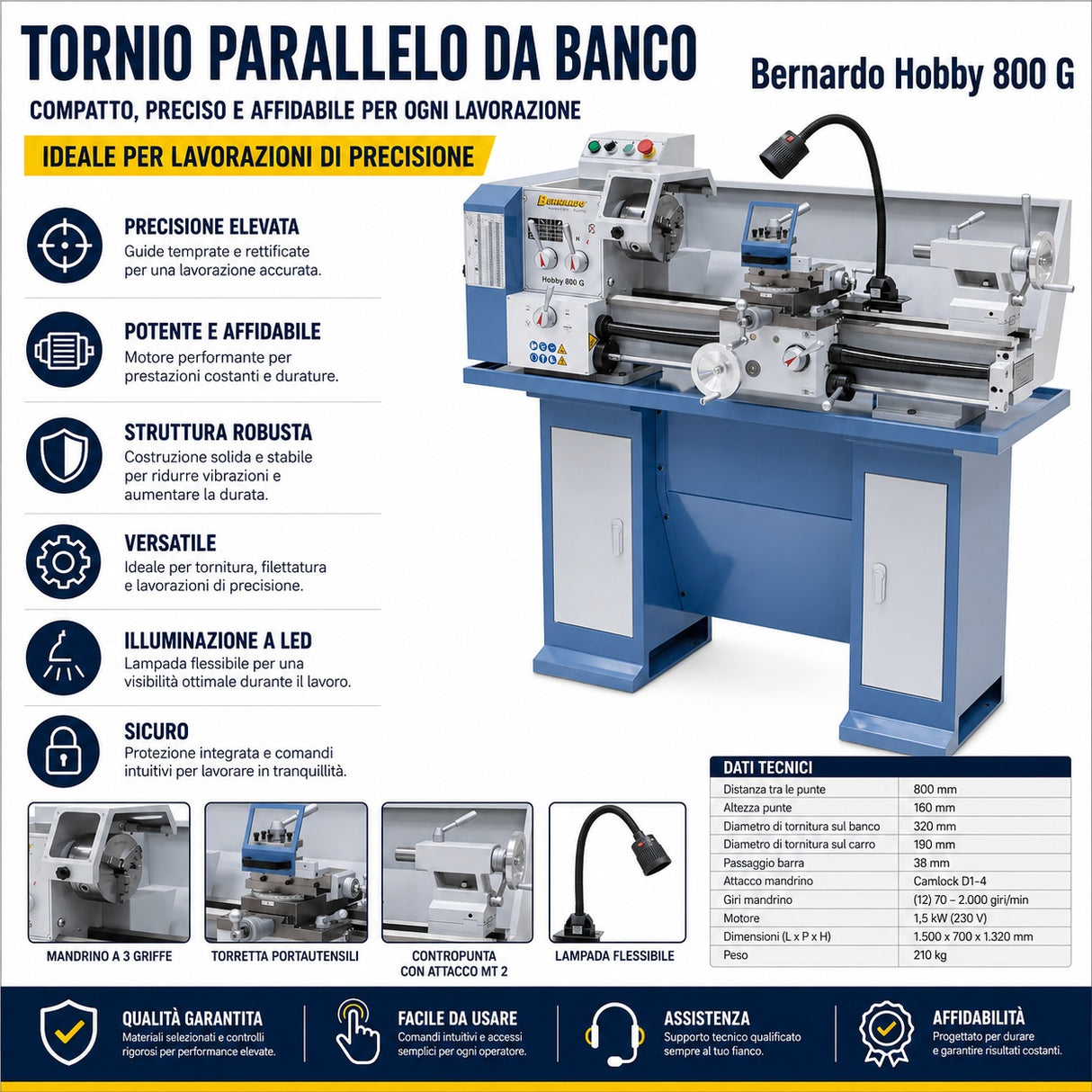 Torno Bernardo Hobby 800 G / 230 V – compacto y preciso