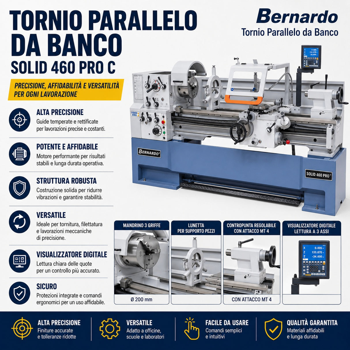 Torno para metal Bernardo Solid 460 x 1500 Pro con visualizador digital 3 ejes