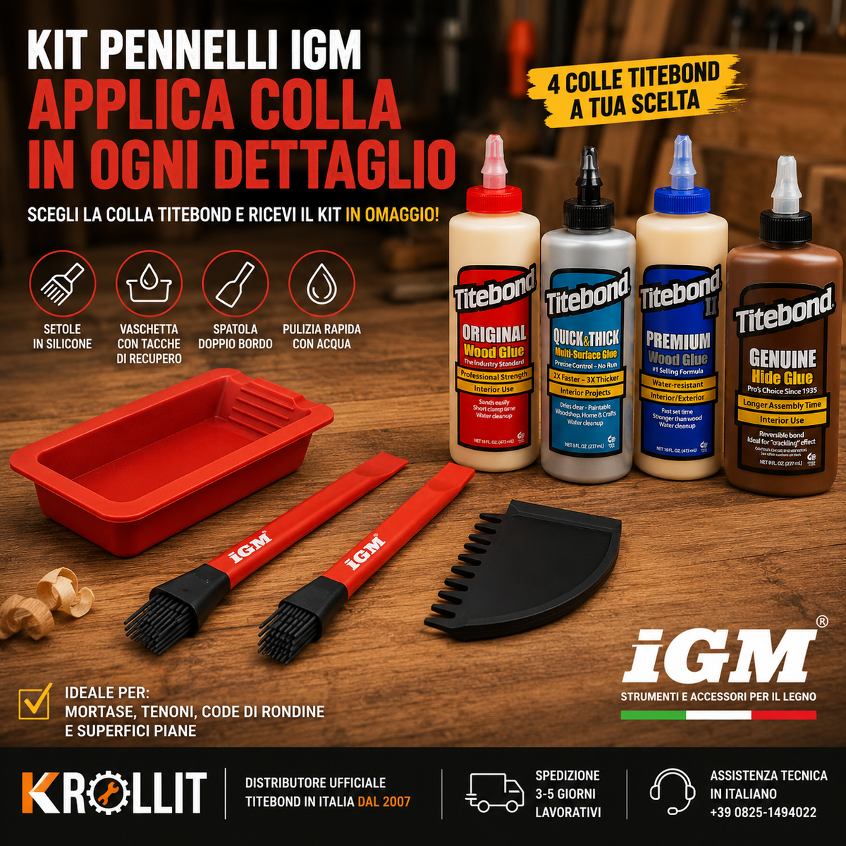 Kit pennelli cola en silicona IGM con cola Titebond a selección