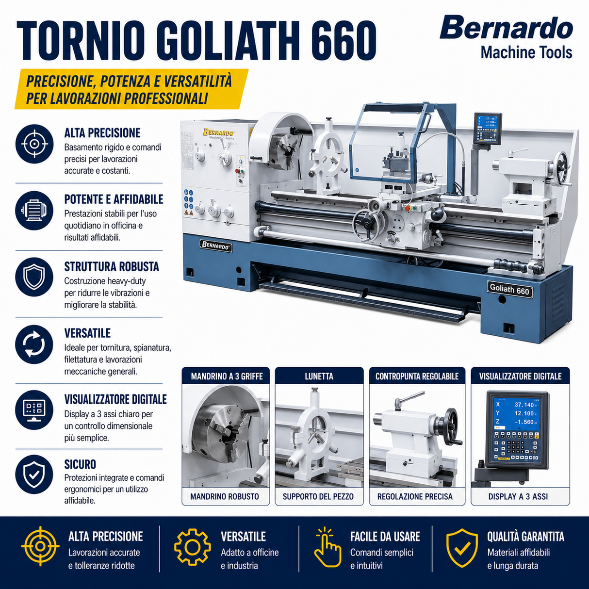 Torno para metal Bernardo Goliath 660 x 1000 con DRO digital 3 ejes