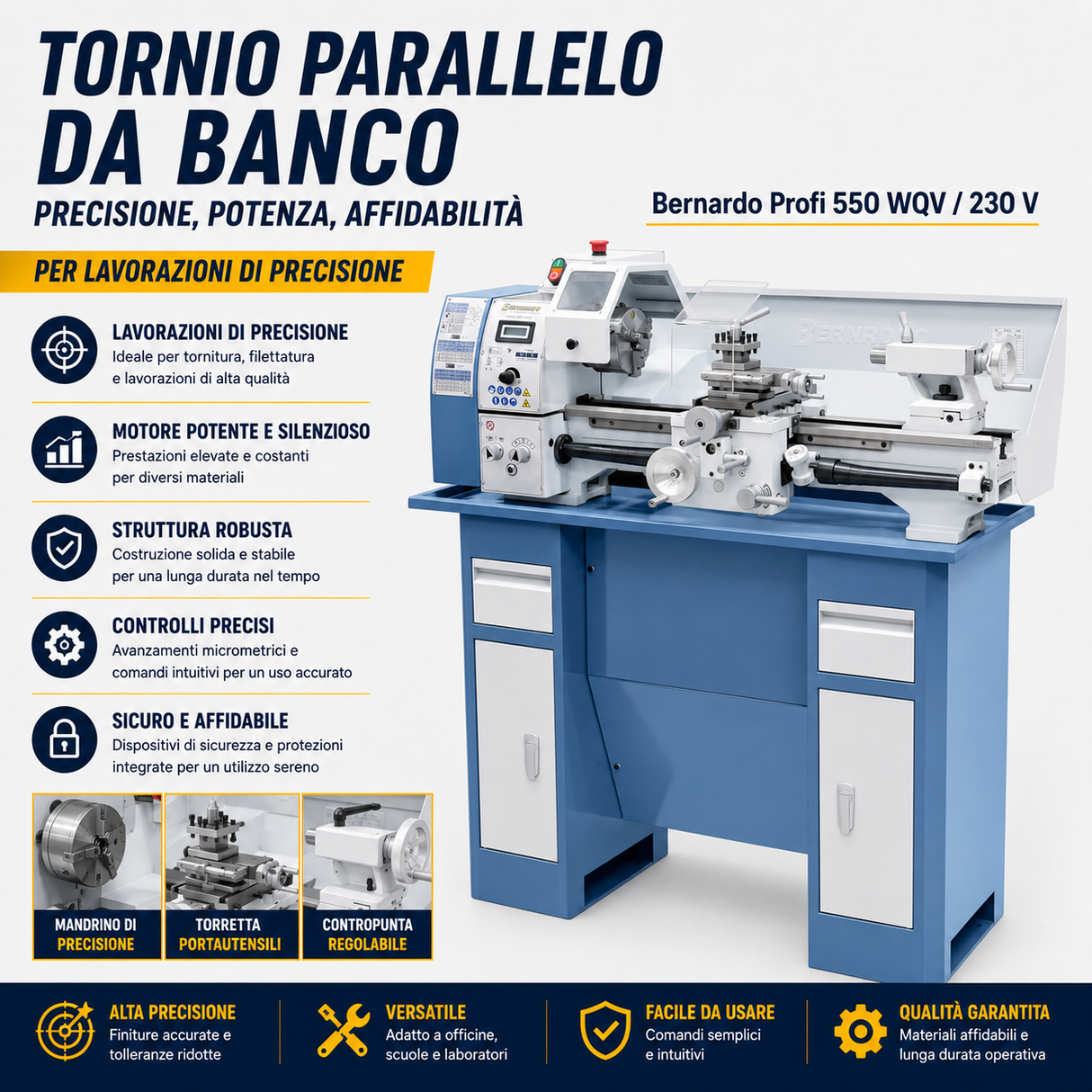 Torno metal Bernardo Profi 550 WQV – distancia brocas 550 mm, Ø 250 mm sobre el banco, orificio mandril Ø 26 mm cono MT 4, motor 0.75 kW 230V monofásico, display digital velocidad, peso 120 kg