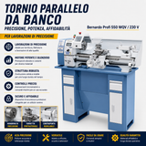 Torno metal Bernardo Profi 550 WQV – distancia brocas 550 mm, Ø 250 mm sobre el banco, orificio mandril Ø 26 mm cono MT 4, motor 0.75 kW 230V monofásico, display digital velocidad, peso 120 kg