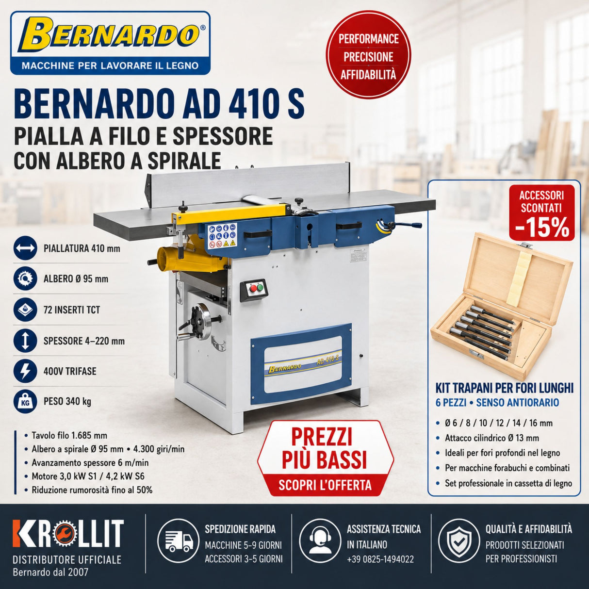 Tavolo filo 1.685 mm Bernardo AD 410 S stabilità piallatura