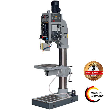 Trapano a ingranaggi FLOTT GB 50 MV con piano 550 x 550 mm, colonna da 200 mm e capacità di foratura 50 mm, progettato per lavorazioni industriali pesanti.