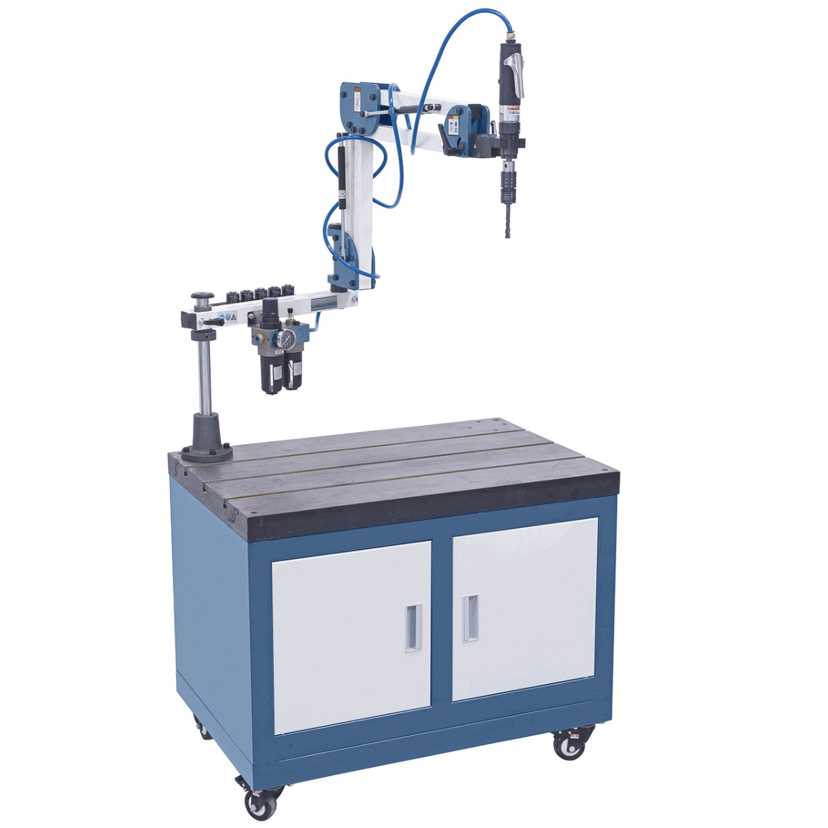 Bernardo Filettatrice pneumatica TM 16 P / R 1500 con braccio snodato 1500 mm, mandrino rapido con sicurezza e regolazione angolare 0°–90°.