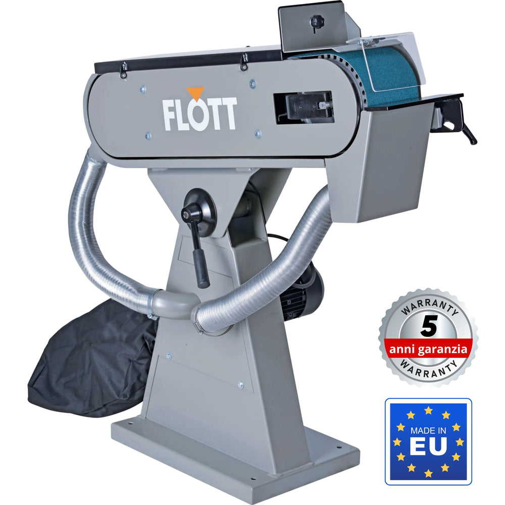 Levigatrice a nastro per metallo Flott BSM 150 A 400 V con aspirazione integrata, motore 3,75 kW e nastro abrasivo da 2000 × 150 mm.
