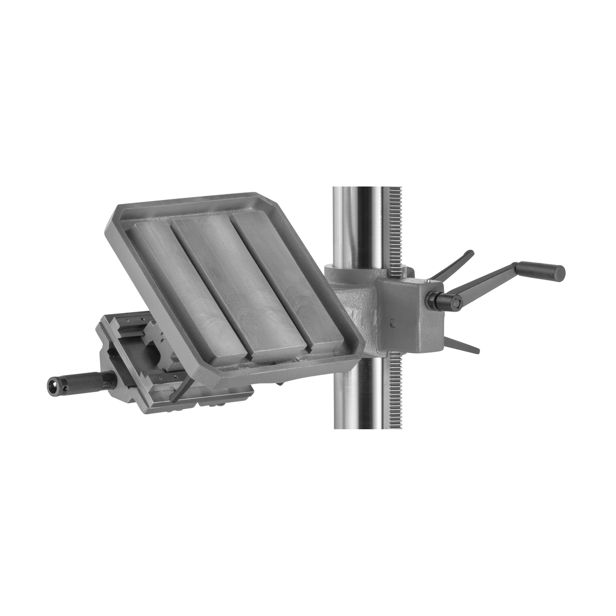 Tavolo quadrato Flott da 350×350 mm con morsa da 120 mm integrata e rotazione a 360°, compatibile con trapani a colonna Ø 110 mm.