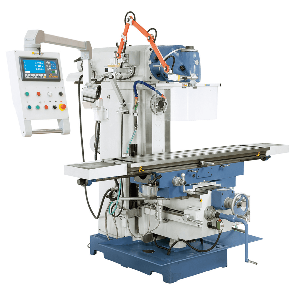 Bernardo Fresatrice universale UWF 150 con tavola da 1650 x 360 mm, mandrini ISO 50 e display digitale a 3 assi ES-12 H, ideale per officine meccaniche e lavorazioni industriali.