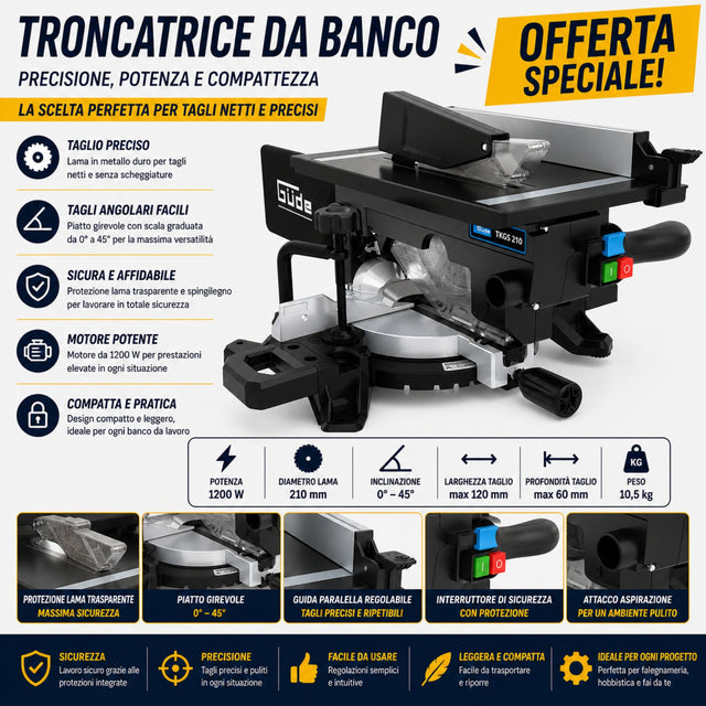 Troncatrice combinata da banco Güde TKGS 210 con laser integrato, ideale per tagli precisi e versatili su legno e pannelli con guida visiva per maggiore accuratezza.