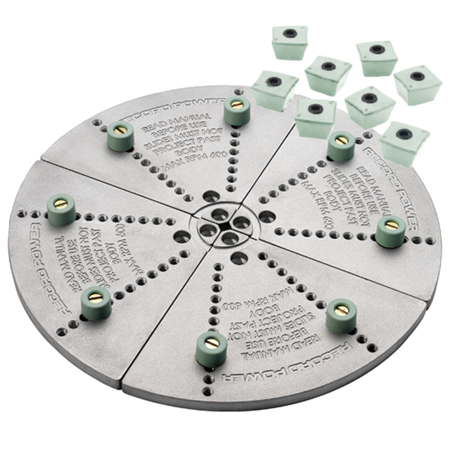 Ganasce di ripresa Mega Record Power con tamponi angolari morbidi, ideali per rifinire e riposizionare grandi ciotole fino a 295 mm senza danneggiare il legno.