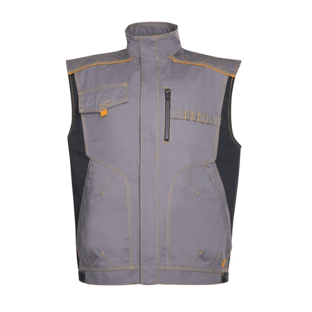Gilet da lavoro ARDON® VISION in tessuto misto keper, design grigio/nero con cuciture a contrasto, ideale per uso professionale quotidiano.
