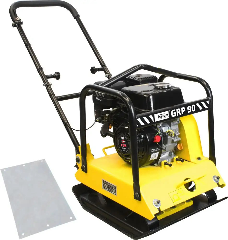 Piastra vibrante Guede GRP 90 con motore 4 tempi, forza di compattazione 16 kN e piastra in poliuretano per pavimentazioni delicate.