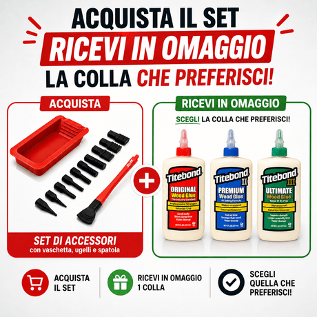Kit IGM con 10 applicatori in silicone per tasselli 6–12 mm, DOMINO, biscuit, scanalature e fessure, vaschetta silicone e manico in plastica, in combo con colla Titebond a scelta