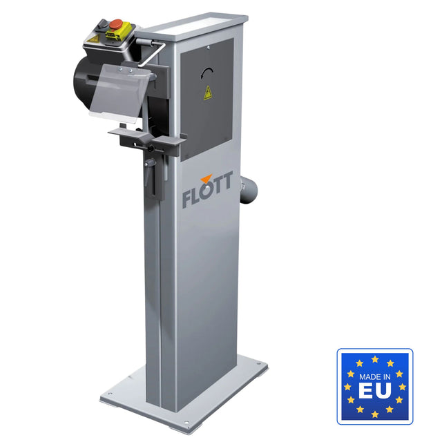 Macchina per sbavatura Flott BEM 250 Plus 400 V con motore da 2,1 kW, doppia velocità, spazzola in acciaio da 250 mm e attacco per aspirazione Ø 80 mm.