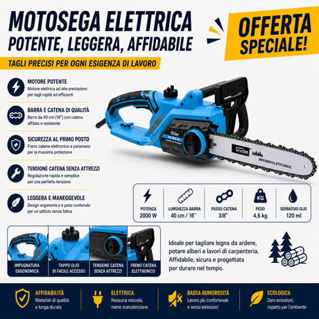 Motosega elettrica Güde KS 405 EC da 2400W, leggera e potente, ideale per taglio di legna, potatura e lavori domestici con elevata efficienza e facilità d’uso.