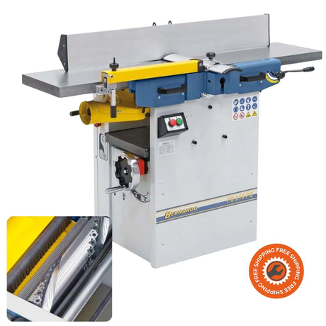 Vista completa della Pialla a filo e spessore FS 310 PS Bernardo con tavoli in ghisa da 1400 mm, guida prismatica inclinabile e albero a spirale con inserti in metallo duro.