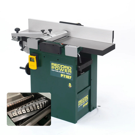 Pialla a filo e spessore Record Power PT107 con albero a spirale, larghezza di lavoro 265 mm, disponibile in versione a 2 file o 4 file per uso professionale.
