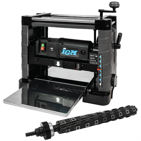 IGM PS33, pialla a spessore portatile con testata a spirale a 36 inserti in carburo reversibili, larghezza di lavoro 330 mm, tavoli ribaltabili, alimentazione monofase 230 V.