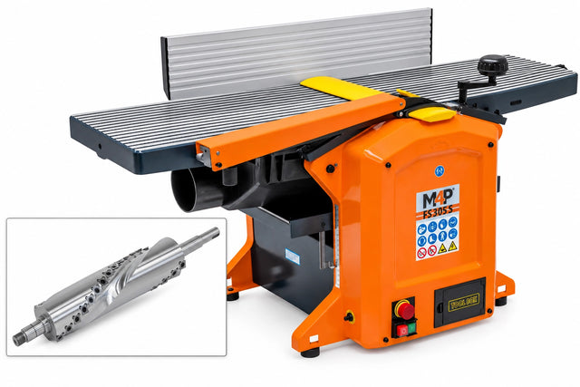 Pialla a filo e spessore M4P FS 305 S 230 V con albero spirale a 28 inserti, larghezza di lavoro 305 mm e motore 1,8 kW.
