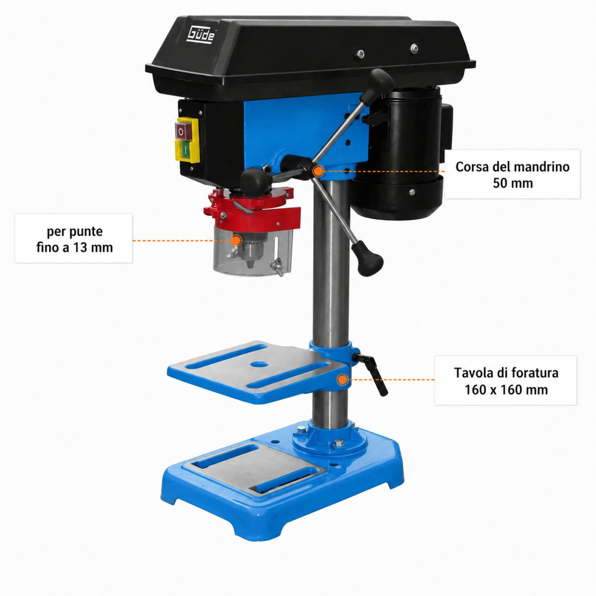 Combo taladro de columna Güde GTB 13/355 con mordaza y brocas HSS