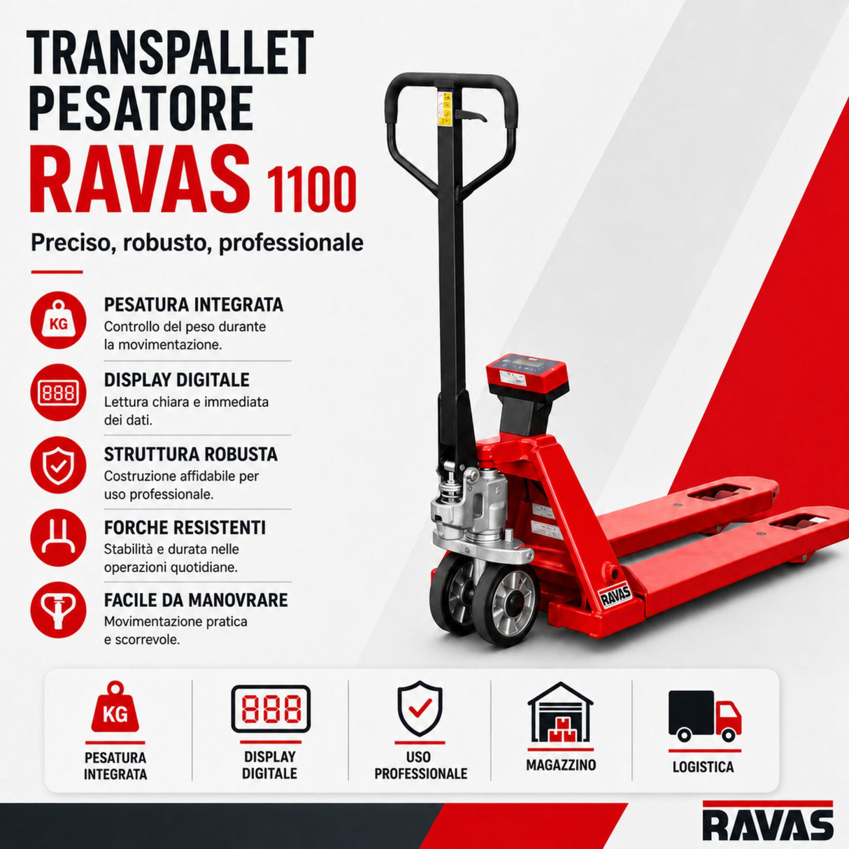 Transpaleta pesapalés RAVAS 1100 – pesaje base, capacidad 2.000 kg IP67