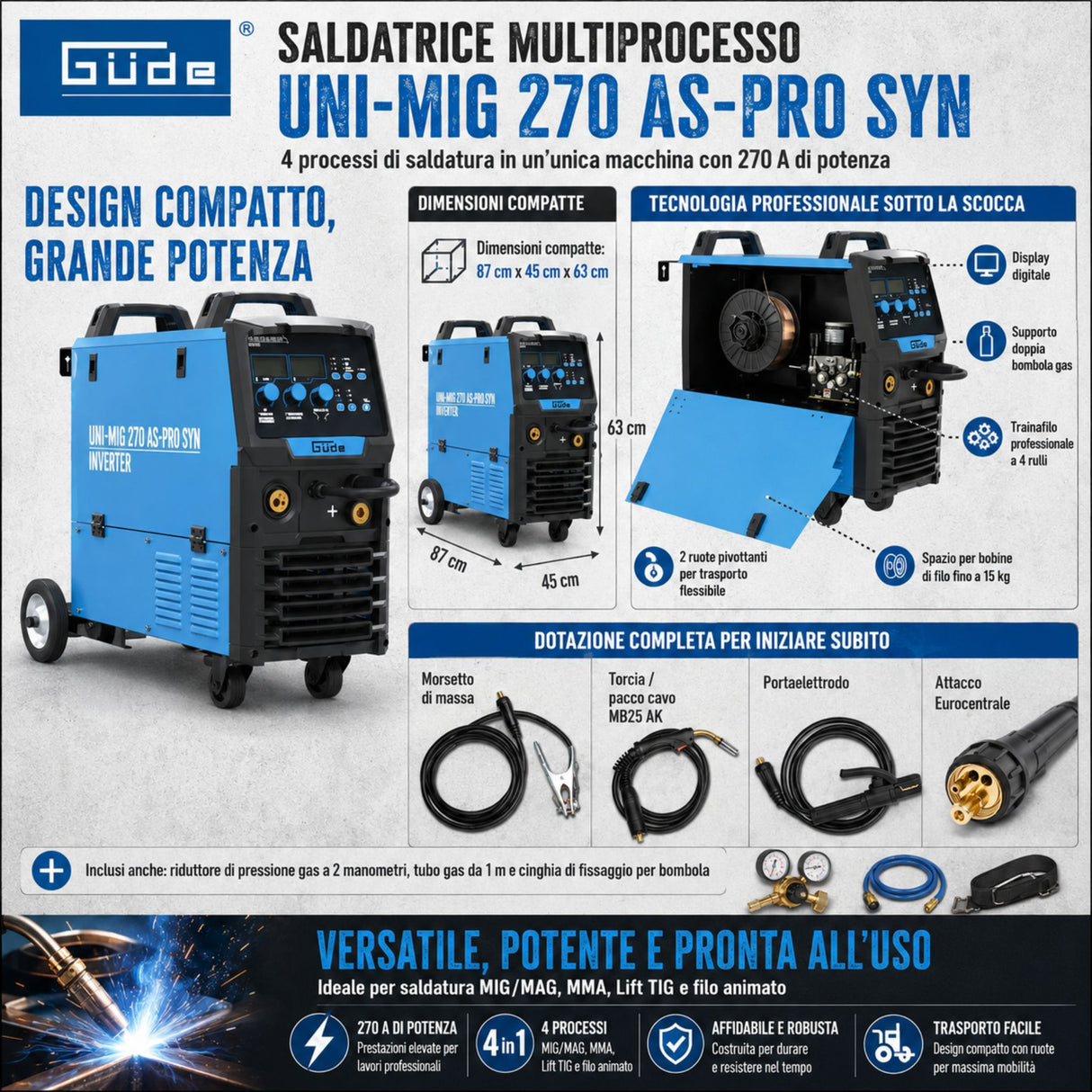Soldadora multiproceso Güde Uni-Mig 270 AS-Pro SYN – inverter trifásico 400V, MIG/MAG, MMA, hilo tubular y TIG