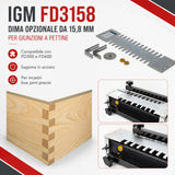 Sagoma opzionale reversibile in acciaio IGM FD3170 per incastri a coda di rondine passanti da 12,7 mm, compatibile con dime IGM FD300 e FD600. Include due boccole copiatrici (11,1 mm e 15,8 mm) e fermi gialli. Richiede frese IGM M100-08081 e M118-12981 (non incluse).