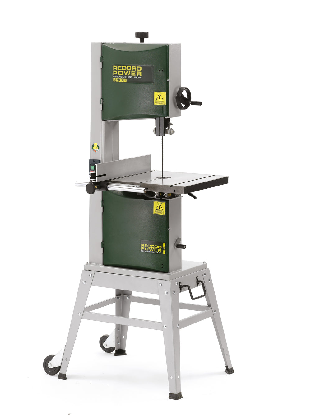 Sega a nastro Record Power BS300E con volani in ghisa, piano in ghisa inclinabile e guida parallela per tagli precisi su legno.