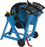 Sega circolare basculante Güde GWS 500 HM-2 con struttura in acciaio, lama HM e carrello di trasporto.