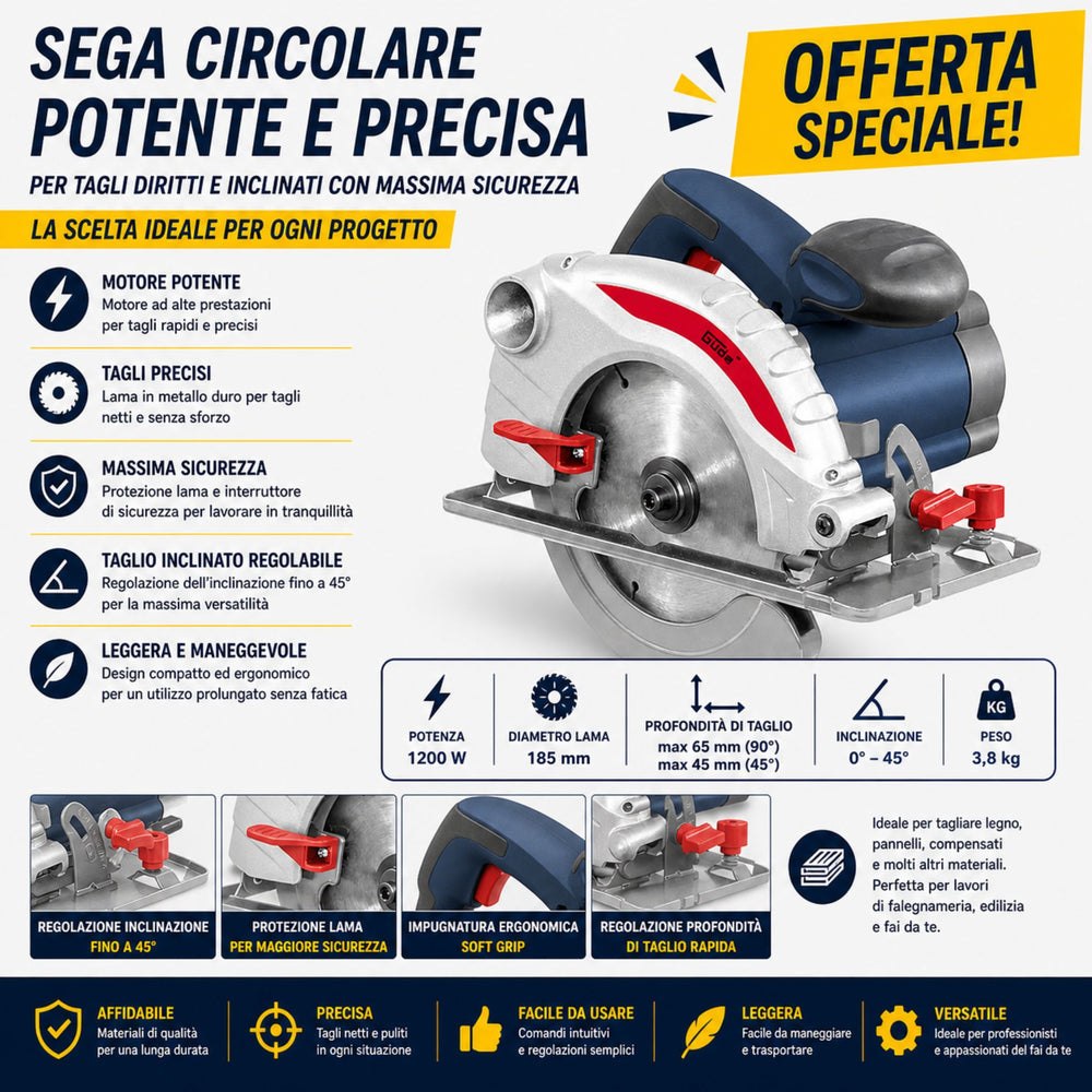 Sega circolare Güde KS 55-1300 da 1300W, potente e precisa, ideale per tagli rapidi e puliti su legno e materiali simili con elevata maneggevolezza.