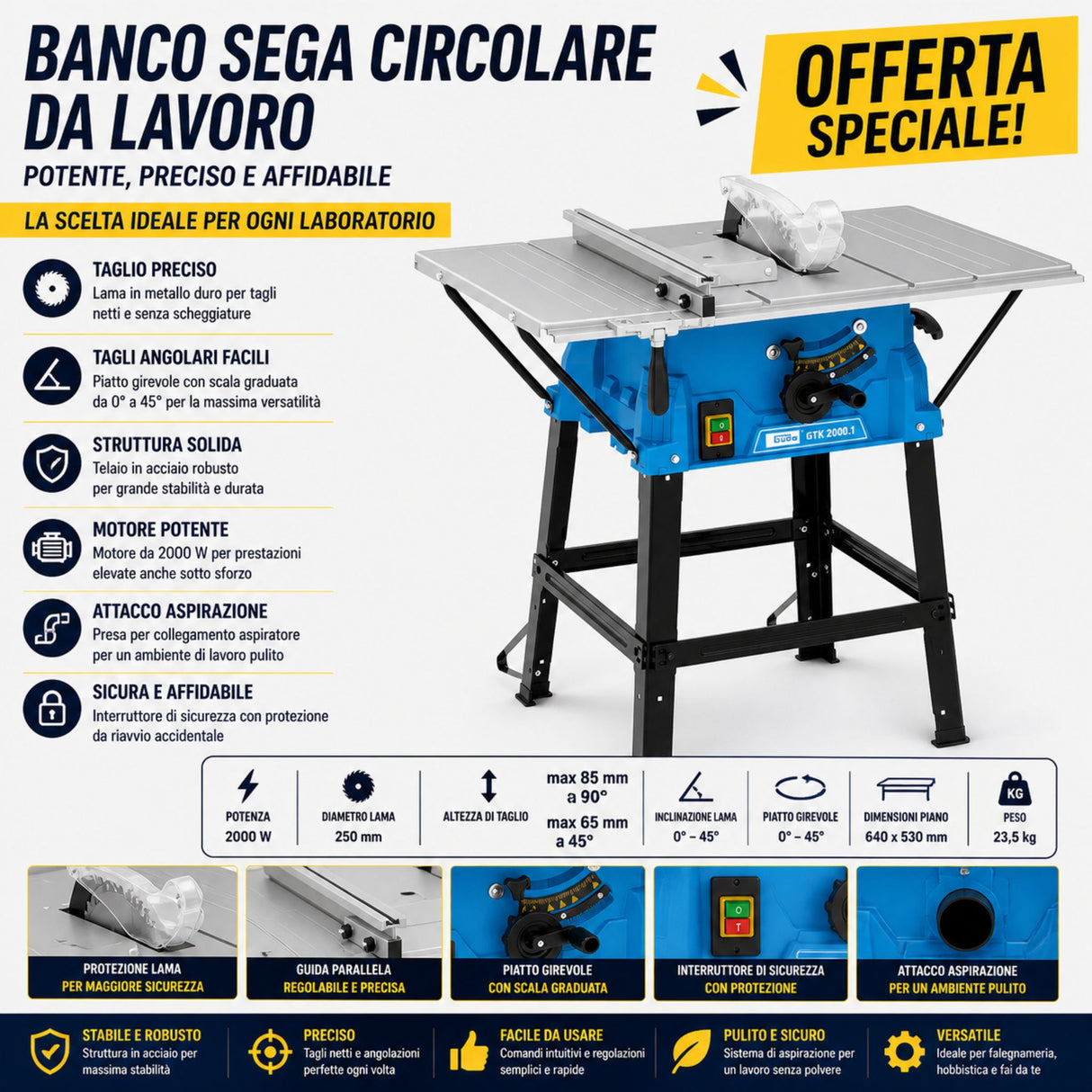 Sega circolare da banco Güde GTK 2000.1 da 2000W con lama Ø250 mm e tavoli di estensione, ideale per tagli precisi su legno e pannelli di grandi dimensioni.