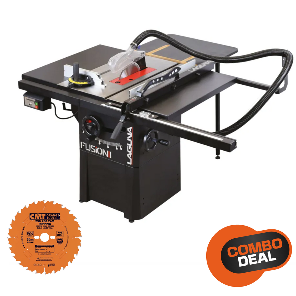 Vista completa della sega Laguna Fusion 1 con il suo piano in ghisa, la guida parallela in alluminio, l’estensione posteriore e la lama CMT inclusa nel bundle.